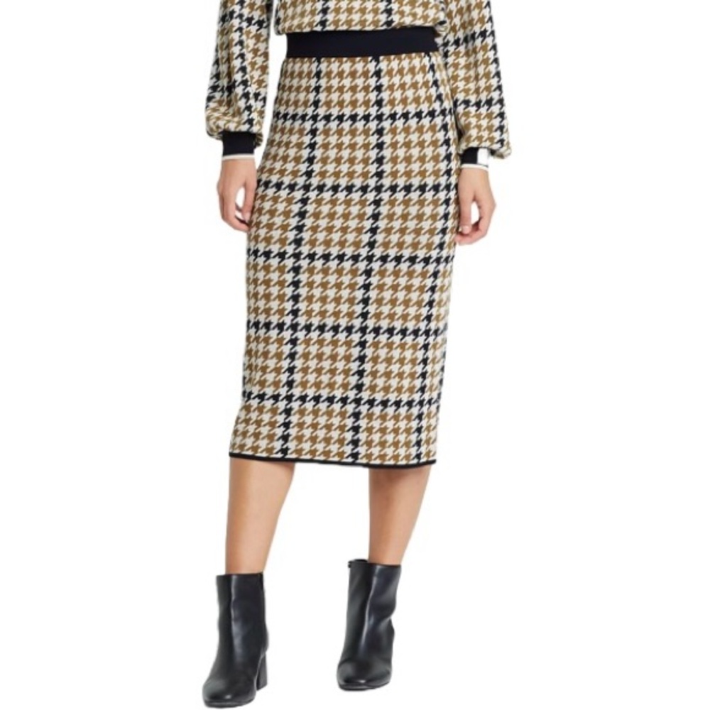 Who What Wear Black & Tan Houndstooth Midi Skirt - Size Medium